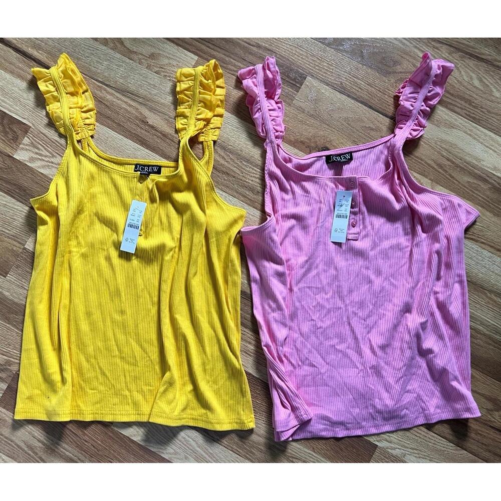 Lot Of 2 J CREW Ruffle Strap Tank Tops Pink & Yellow Sz XXL